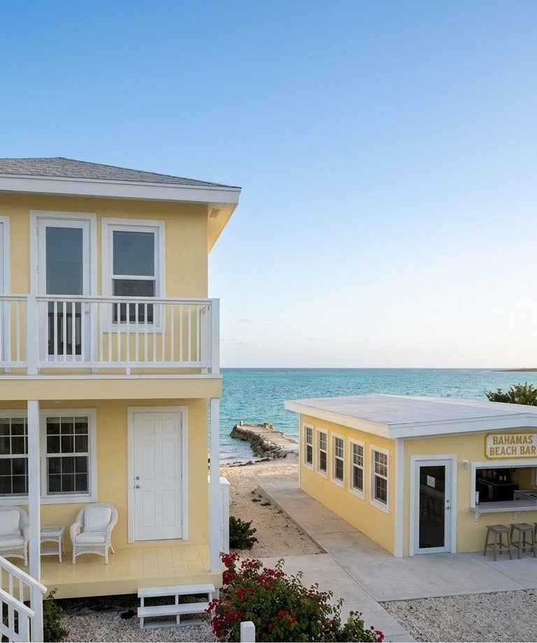 The two-storey beach house at Pestell Beach, Acklins, with the beach bar beside it