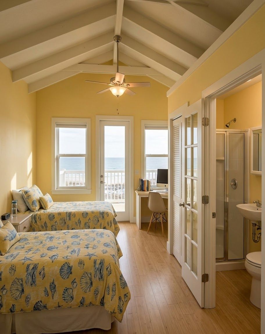 A bright guest room with twin beds and a balcony to the sea