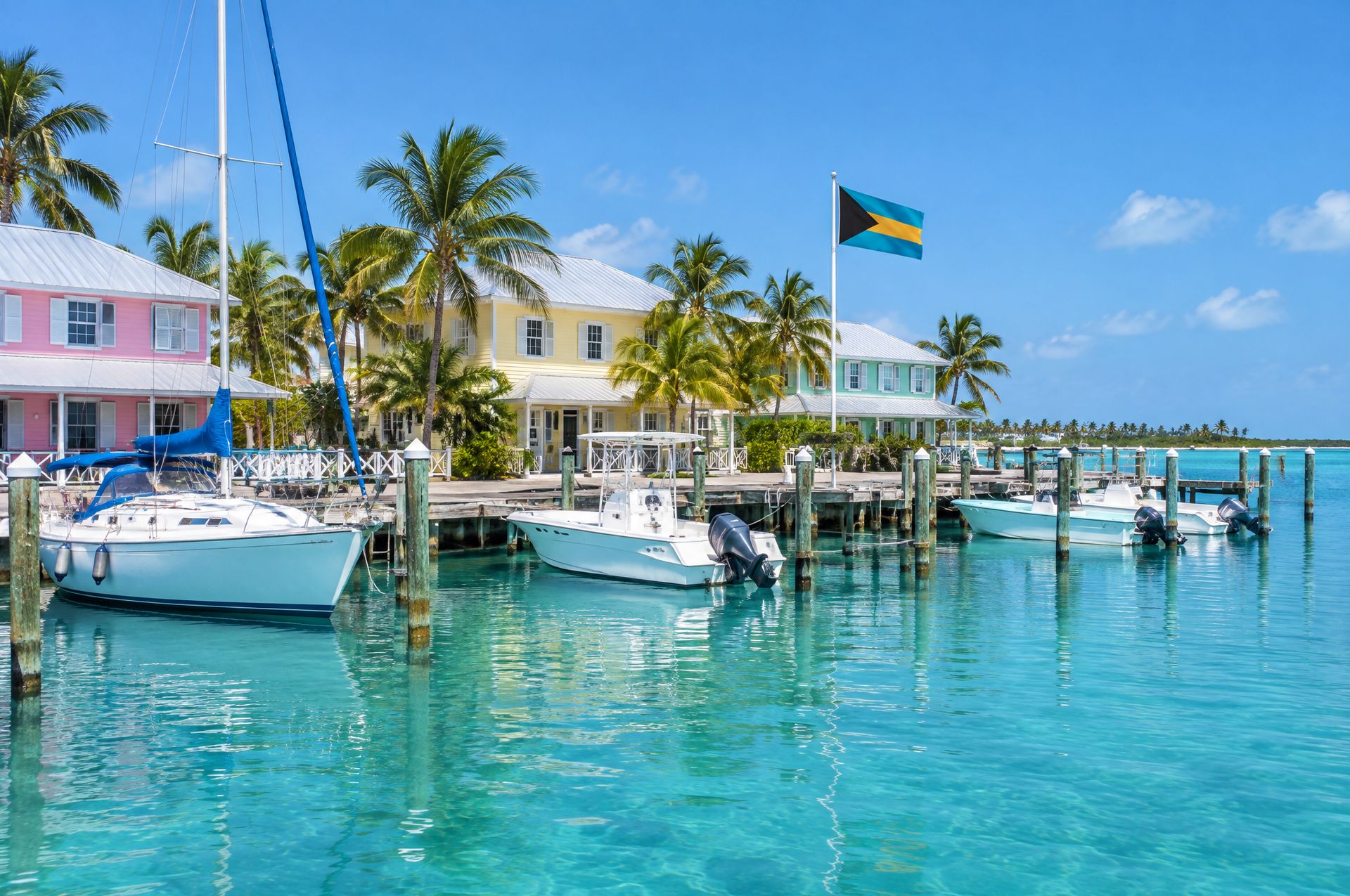 Boats in a harbour in the Abaco Islands