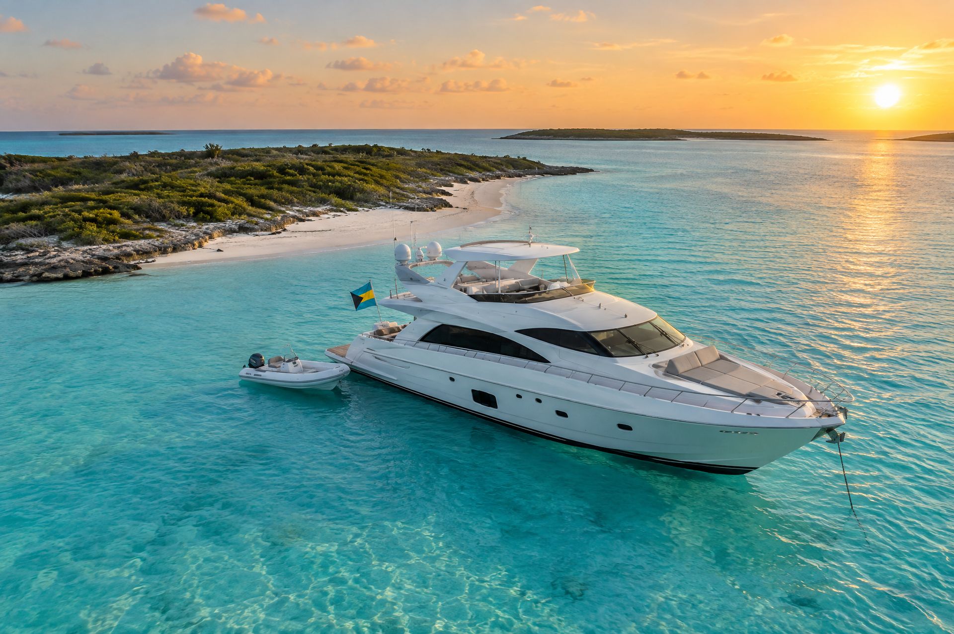 A luxury yacht anchored off a cay in the Exumas at golden hour