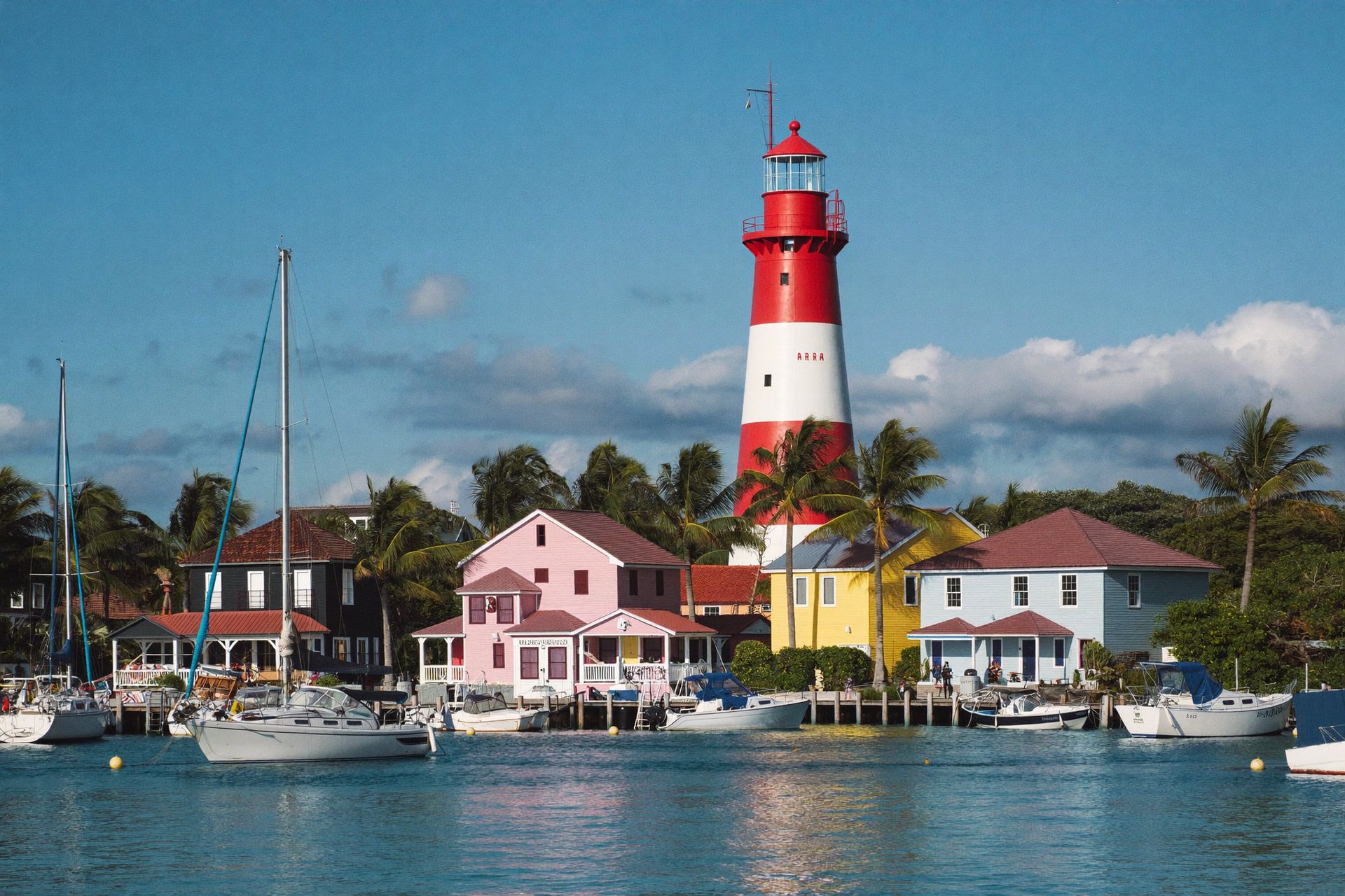 Hope Town's candy-striped lighthouse above the harbour, Elbow Cay, Abaco