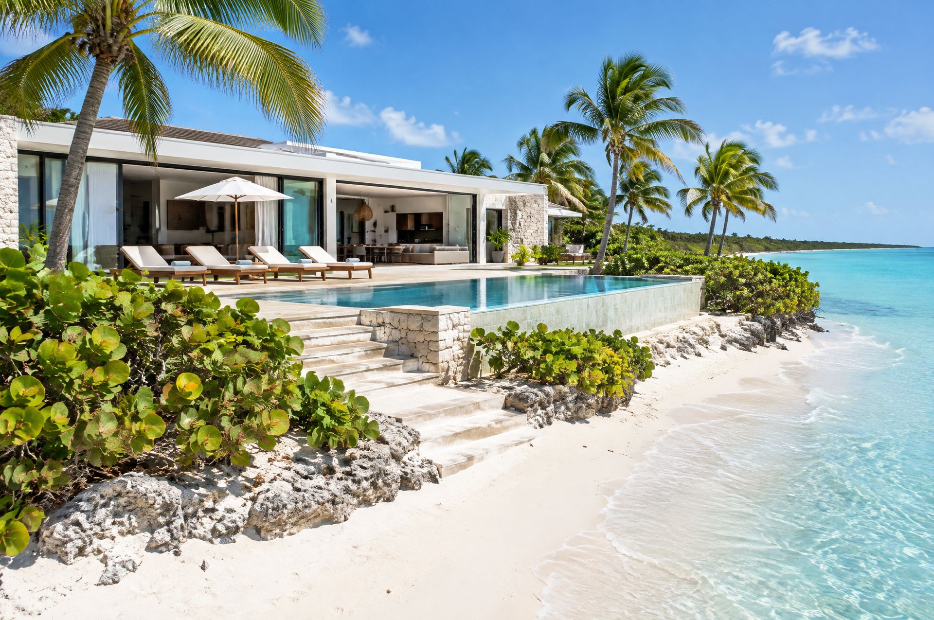A modern beachfront villa with an infinity pool