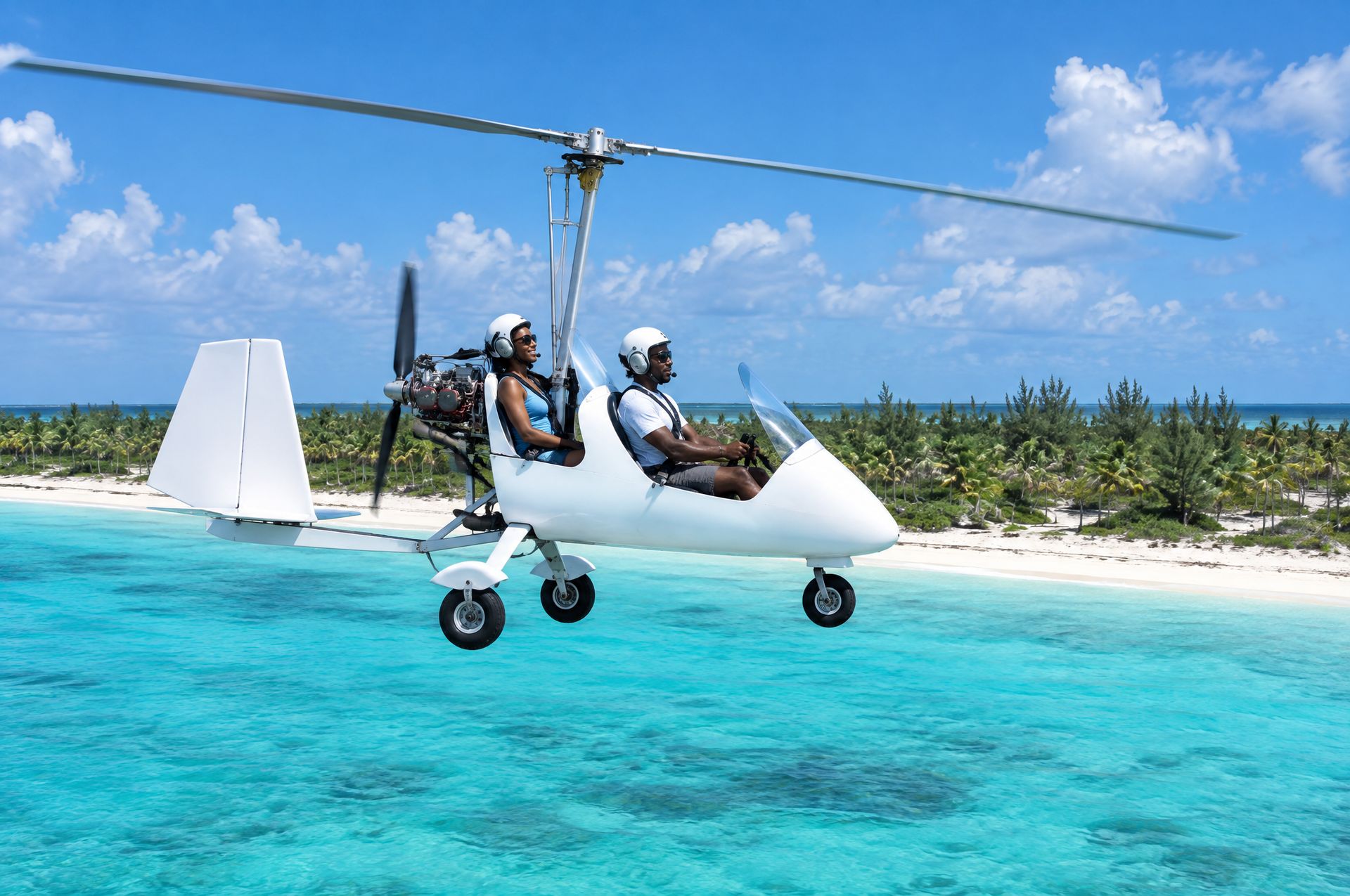 A gyrocopter flying along a Bahamian beach
