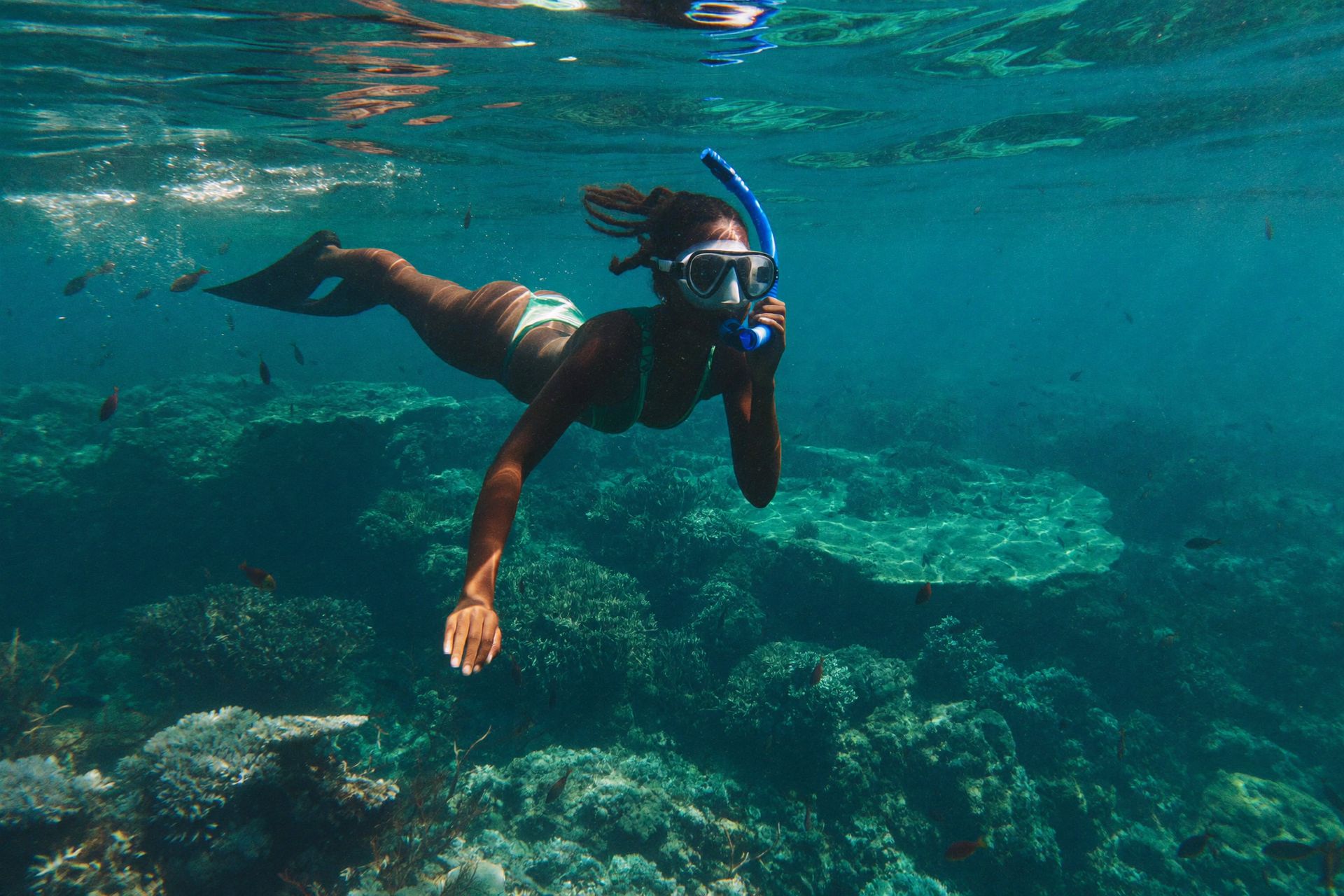 Snorkelling over a colourful coral reef in clear Bahamian water