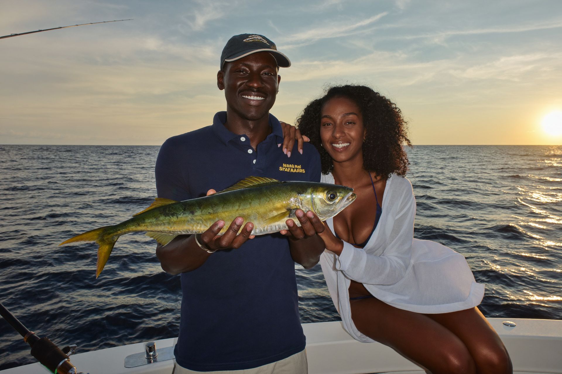 A captain and guest with a fresh catch on a sport-fishing boat at sunset