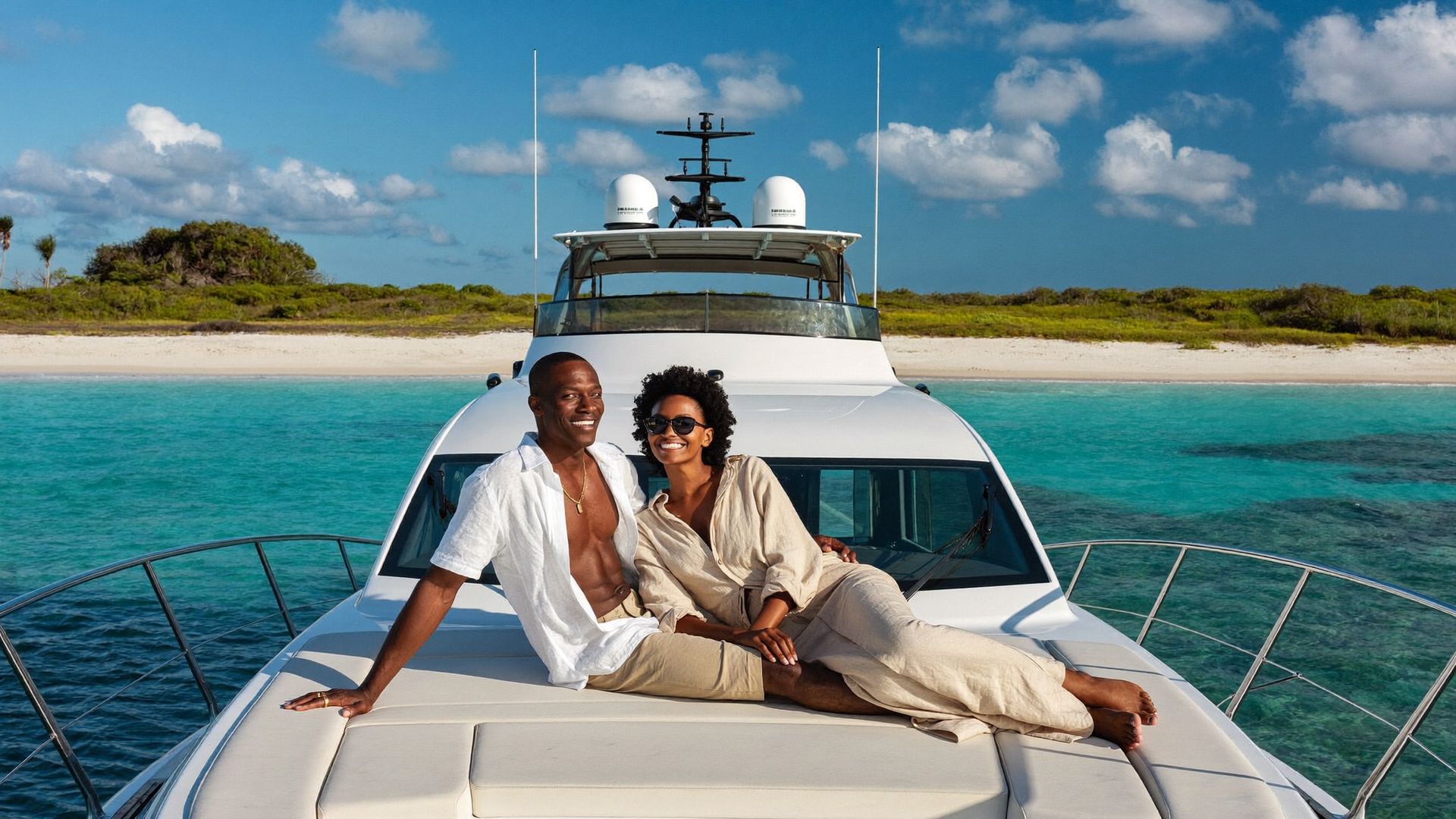 A Bahamian couple relaxing on the deck of a private yacht in the Exumas